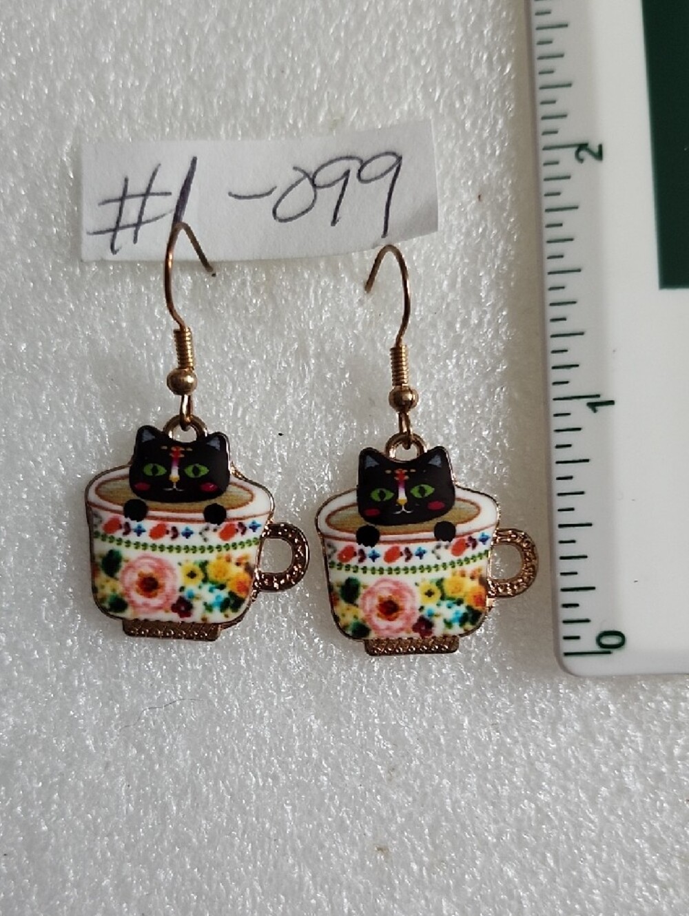 Hand Crafted Black Cat in Floral Teacup Earrings - Picture 2 of 3
